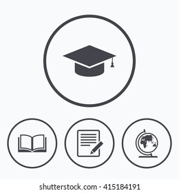 Pencil with document and open book icons. Graduation cap and geography globe symbols. Learn signs. Icons in circles.