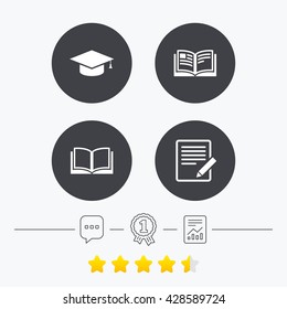 Pencil with document and open book icons. Graduation cap symbol. Higher education learn signs. Chat, award medal and report linear icons. Education web icons. Education flat signs. Vector