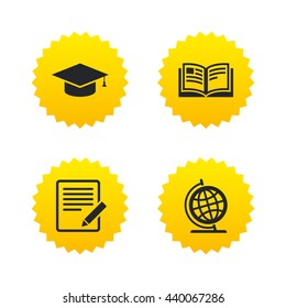 Pencil with document and open book icons. Graduation cap and geography globe symbols. Learn signs. Yellow stars labels with flat icons. Vector