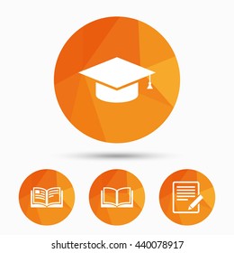 Pencil with document and open book icons. Graduation cap symbol. Higher education learn signs. Triangular low poly buttons with shadow. Vector