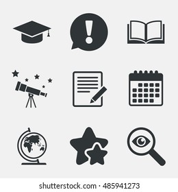 Pencil with document and open book icons. Graduation cap and geography globe symbols. Learn signs. Attention, investigate and stars icons. Telescope and calendar signs. Vector