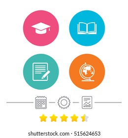 Pencil with document and open book icons. Graduation cap and geography globe symbols. Learn signs. Calendar, cogwheel and report linear. Star vote ranking. Vector