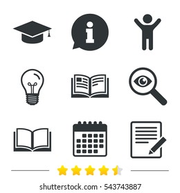 Pencil with document and open book icons. Graduation cap symbol. Higher education learn signs. Information, light bulb and calendar icons. Investigate magnifier. Vector
