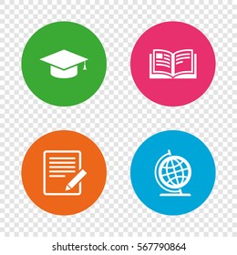 Pencil with document and open book icons. Graduation cap and geography globe symbols. Learn signs. Round buttons on transparent background. Vector