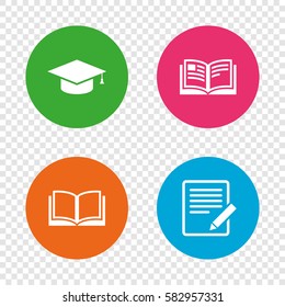Pencil with document and open book icons. Graduation cap symbol. Higher education learn signs. Round buttons on transparent background. Vector