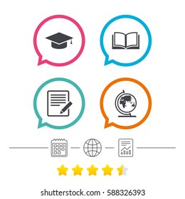 Pencil with document and open book icons. Graduation cap and geography globe symbols. Learn signs. Calendar, internet globe and report linear icons. Star vote ranking. Vector