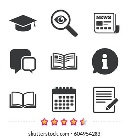Pencil with document and open book icons. Graduation cap symbol. Higher education learn signs. Newspaper, information and calendar icons. Investigate magnifier, chat symbol. Vector