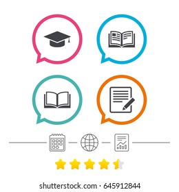 Pencil with document and open book icons. Graduation cap symbol. Higher education learn signs. Calendar, internet globe and report linear icons. Star vote ranking. Vector