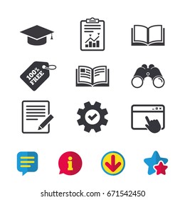 Pencil with document and open book icons. Graduation cap symbol. Higher education learn signs. Browser window, Report and Service signs. Binoculars, Information and Download icons. Stars and Chat