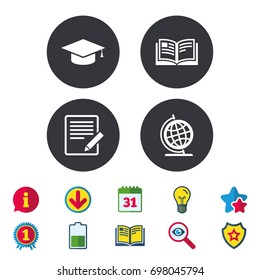 Pencil with document and open book icons. Graduation cap and geography globe symbols. Learn signs. Calendar, Information and Download signs. Stars, Award and Book icons. Light bulb, Shield and Search