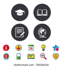 Pencil with document and open book icons. Graduation cap and geography globe symbols. Learn signs. Calendar, Information and Download signs. Stars, Award and Book icons. Light bulb, Shield and Search