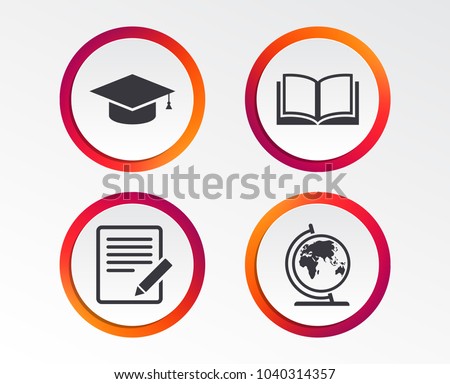 Pencil with document and open book icons. Graduation cap and geography globe symbols. Learn signs. Infographic design buttons. Circle templates. Vector