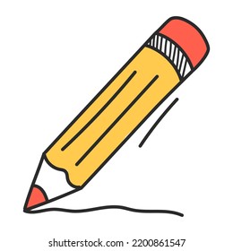 Pencil doodle icon vector isolated. Illustration of a drawing equipment. Art tool. Yellow pencil with red eraser.