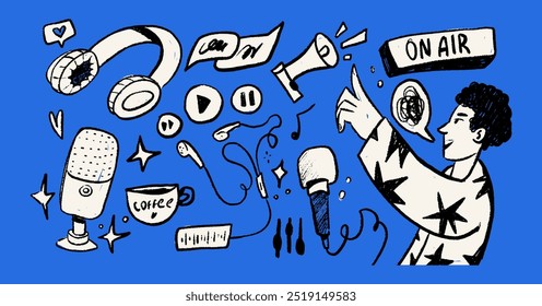 Pencil doodle illustration set the theme of radio podcast. Music and voice. Pencil textured element. Vector design pack isolated on blue background