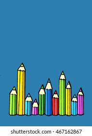 pencil Doodle,colored pencils on blue background, school and art pencils, vector illustration