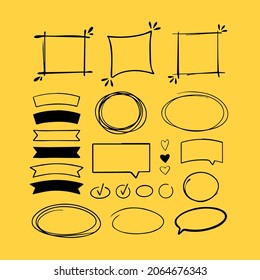 Pencil doodles set. Vector illustration. Drawn symbols, ribbon and frames isolated on yellow background