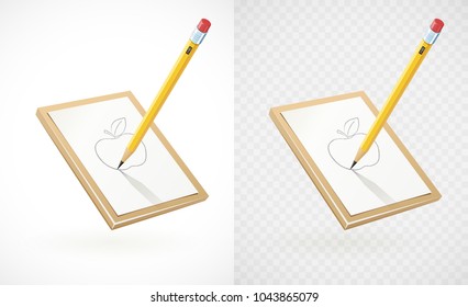 Pencil draw apple at white paper. Art tool for sketch. White background. Vector illustration.
