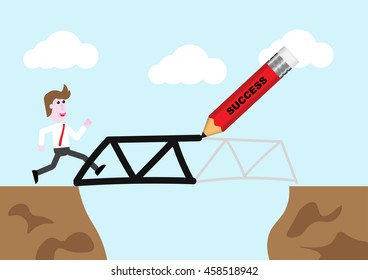 Pencil draw bridge for business man over hill.