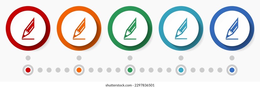 Lápiz, dibujar conjunto de iconos vectoriales de concepto, botones de color de diseño plano, plantilla de infografía en 5 opciones de color