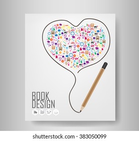Pencil draw heart template design with heart Back to School Seamless Book, vector illustration