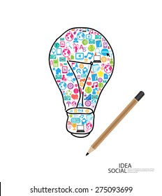 pencil draw lamp template design with social network icons background, vector illustration