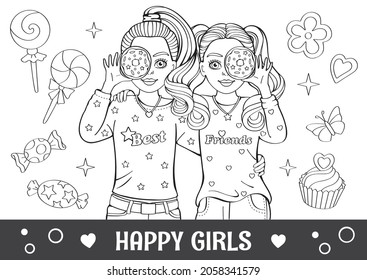 Pencil Drawing. Antistress Coloring Book, Page. Best Friends. Cartoon Stylish Girl With Donut. Set Of Desserts. Modern Princess. Doll Or Toy. Happy And Funny Character. Children's Illustration. Vector