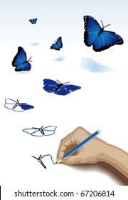 The pencil drawing blue butterflies