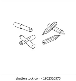Pencil drawing brushes, palette, felt-tip pens, writing pen. vector illustration isolated on white background.