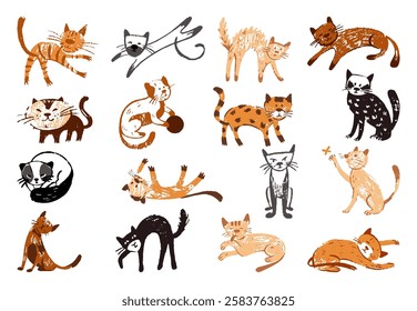 Pencil drawing cats. Crayon drawn childish style cat and kitten. Isolated pets characters in different poses. Lazy and active animals, neoteric vector characters