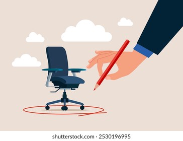 Pencil drawing circle around his office chair. Defining Private Workspace Boundaries. Flat vector illustration