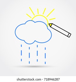 Pencil drawing cloud with rain and sun. Outline simple flat icon. Vector illustration.