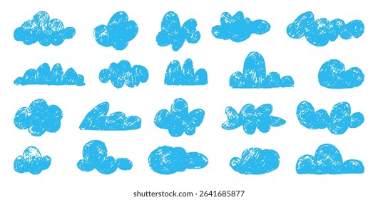Pencil drawing clouds. Abstract blue cloud, crayon children style painting. Isolated cloudy sky icons, weather and nature symbols neoteric vector set