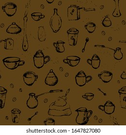 Pencil drawing of coffee elements, mugs, coffee grinder, spoons, turk for making coffee on brown background. Vector illustration. Seamless pattern for coffee houses or store.