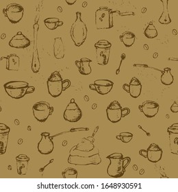 Pencil drawing of coffee elements, mugs, coffee grinder, spoons, turk for making coffee on beige background. Vector illustration. Seamless pattern for coffee houses or store.