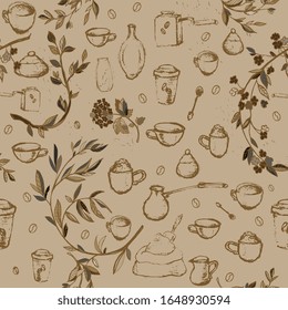Pencil drawing of coffee elements, mugs, coffee grinder, spoons, turk for making coffee and flower branches. Vector illustration. Seamless pattern for coffee houses or store. Cream, beige colors