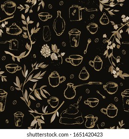 Pencil drawing of coffee elements, mugs, coffee grinder, spoons, turk for making coffee and flower branches. Vector illustration. Seamless pattern for coffee houses or store. Cream, lblack colors