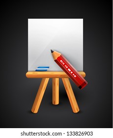 Pencil drawing conceptual vector icon. Pencil, empty paper sheet, wooden easel, eraser