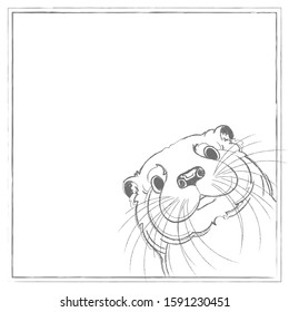 Pencil drawing. Cute otter (head) on white background. Vector illustration.