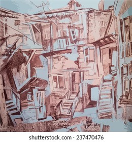 Pencil drawing. Decoration the album art on drawing. Exterior. Figure old houses. Academic drawing.