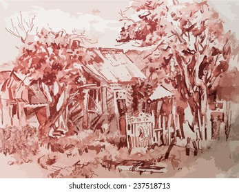 Pencil drawing. Decoration the album art on drawing. Exterior. Figure old house.