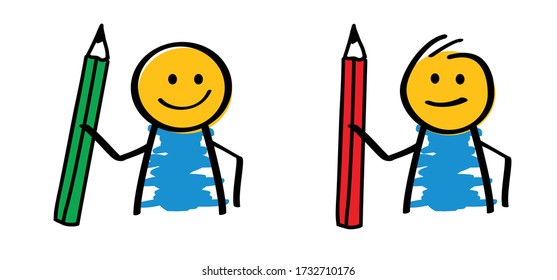 Pencil drawing to design Happy kids smile stickman emoji icons Funny comic tooth stick figures man, woman Vector school sign draw cartoon person Writing with ballpoint pen on sheet of paper mark sign