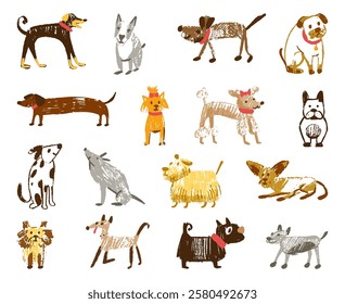 Pencil drawing dogs. Children crayon pencils draw, primitive grunge dog isolated. Adorable puppy with bow, bulldog and terriers. Hand drawn neoteric vector set