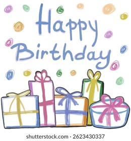 „Happy Birthday“ pencil drawing with dots and presents. Doodle, light style. Abstract, vector, isolated. 