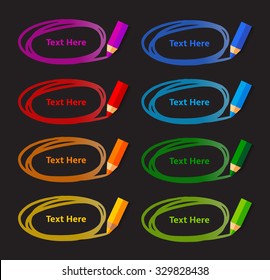 Pencil drawing ellipse doodle frames with sample text. Vector Set of Flat Design Color Elements on black background.