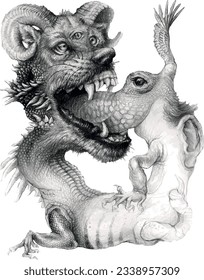 Pencil drawing of a fantasy creature, a three-eyed horned dragon-mammal hybrid, devouring a winged frog