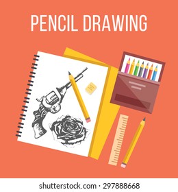 Pencil drawing flat illustration. Flat design concepts for web banners, web sites, printed materials. Creative vector illustration
