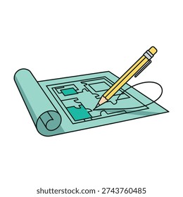 Pencil drawing floor plan on blueprint paper with magnifying glass