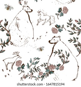 Pencil drawing of a funny bear, unicorn and moose in a frame of colored flowering branches and bees. Vector illustration. Seamless pattern with forest and animals and plants.