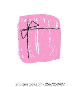 Pencil drawing gift box. Scribble style crayon festive present Chalk holiday decorative packaging. Vector illustration isolated on white background