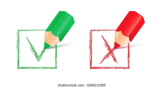 Pencil drawing Green tick and Red cross isolated on white background. Pencils with a Green Check mark symbol and Red Cross.